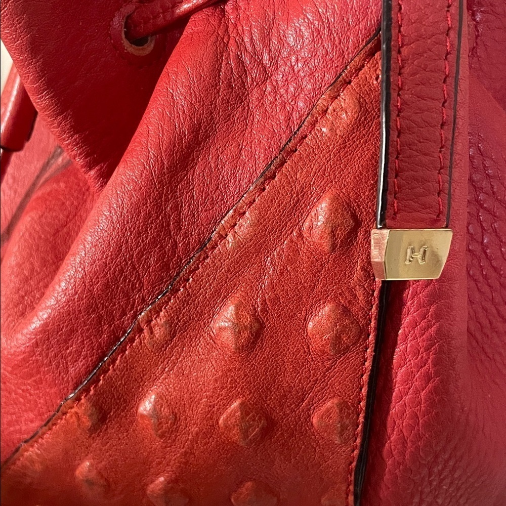 Halston Heritage Red Patchwork Ostrich Pebbled Burgundy Leather Hobo Bucket Bag - Picture 3 of 16